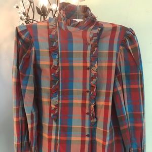 OSCAR DE LA RENTA SPORT Ruffled Plaid Cotton Shirt